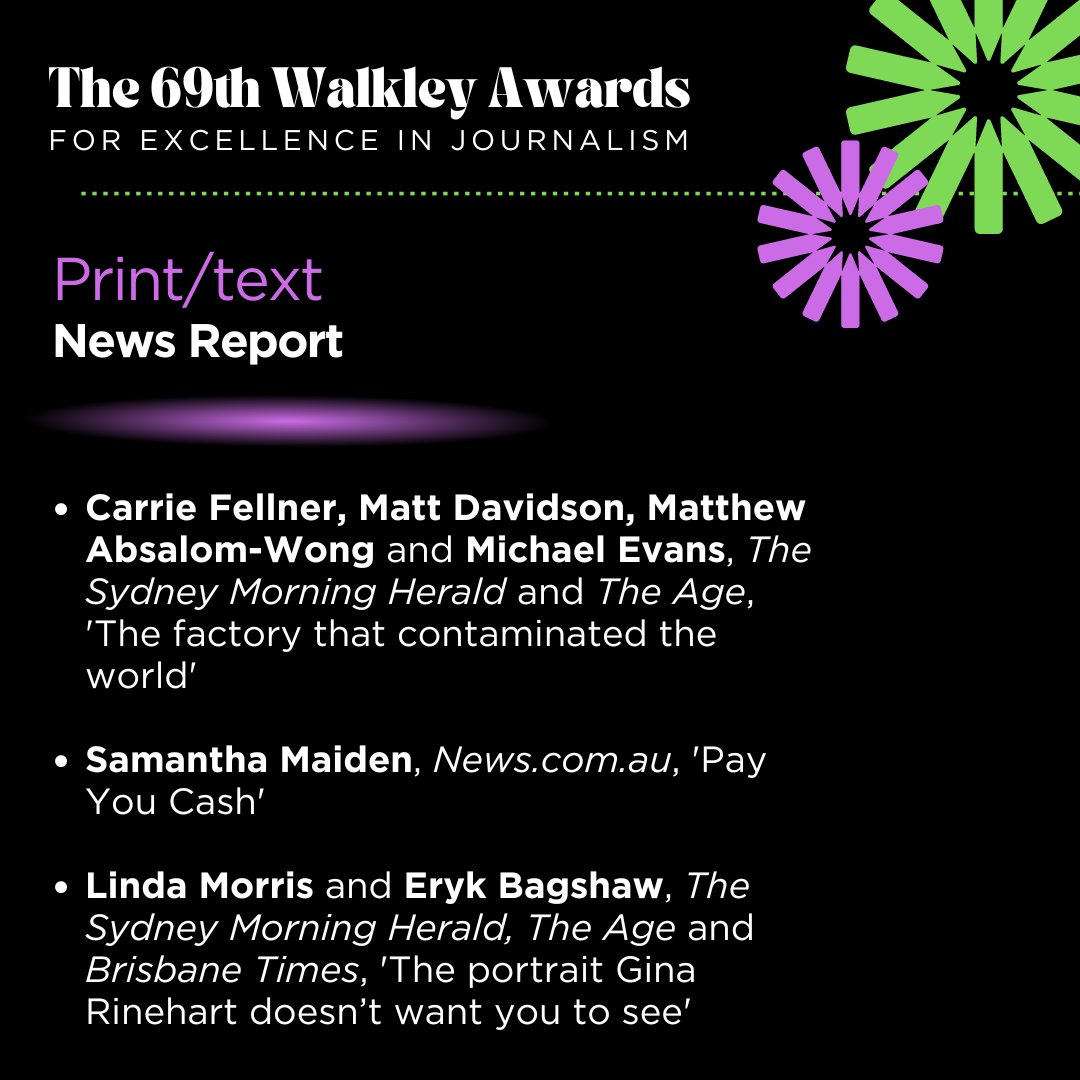 Walkley Foundation (@walkleys) on Twitter photo And we are off. The finalists for Print/Text News Report are: Carrie Fellner, Matt Davidson, Matthew Absalom-Wong, Michael Evans, <a href="/smh/">The Sydney Morning Herald</a>, <a href="/theage/">The Age</a>; <a href="/samanthamaiden/">Samantha Maiden</a>, <a href="/newscomauHQ/">news.com.au</a>; <a href="/LindaMorrissmh/">Linda Morris</a>, <a href="/ErykBagshaw/">Eryk Bagshaw</a>, <a href="/smh/">The Sydney Morning Herald</a>, <a href="/theage/">The Age</a>, <a href="/brisbanetimes/">Brisbane Times</a>. #walkleys And we are off. The finalists for Print/Text News Report are: Carrie Fellner, Matt Davidson, Matthew Absalom-Wong, Michael Evans, <a href="/smh/">The Sydney Morning Herald</a>, <a href="/theage/">The Age</a>; <a href="/samanthamaiden/">Samantha Maiden</a>, <a href="/newscomauHQ/">news.com.au</a>; <a href="/LindaMorrissmh/">Linda Morris</a>, <a href="/ErykBagshaw/">Eryk Bagshaw</a>, <a href="/smh/">The Sydney Morning Herald</a>, <a href="/theage/">The Age</a>, <a href="/brisbanetimes/">Brisbane Times</a>. #walkleys