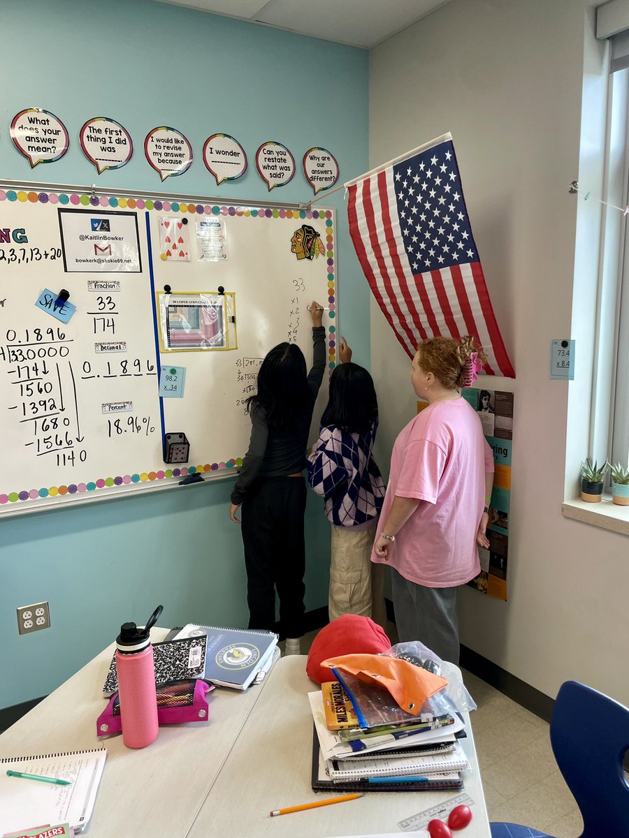KaitlinBowker's tweet image. Estimating quotients and then finding the actual quotients using the long division algorithm for our thinking task in #6thgrademath today. Love the helpful multiplication towers created to help find the quotient. 👏#buildingthinkingclassrooms @LincJrHi