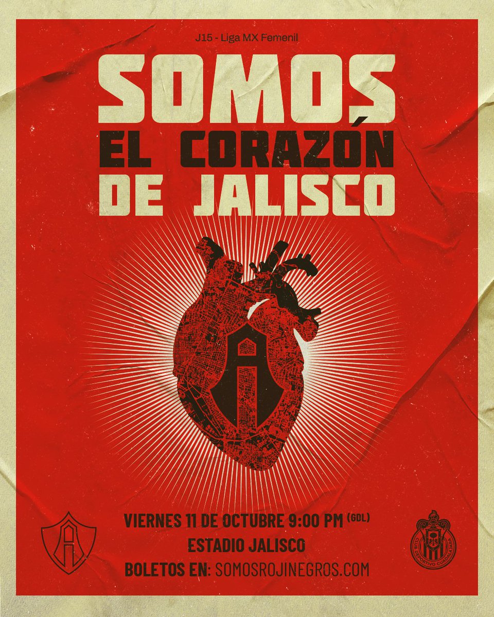 AtlasFCFemenil's tweet photo. ¡EL CORAZÓN DE JALISCO ES ROJINEGRO! 🔴⚫️

Nos vemos este viernes en casa, Fiel 🏟 

Para demostrar que #GDLEsDeAtlasFC ❤️🖤 Boletos en $100 disponibles en https://t.co/GA44ACUQSN 🎟 https://t.co/eXSFLrqv1q