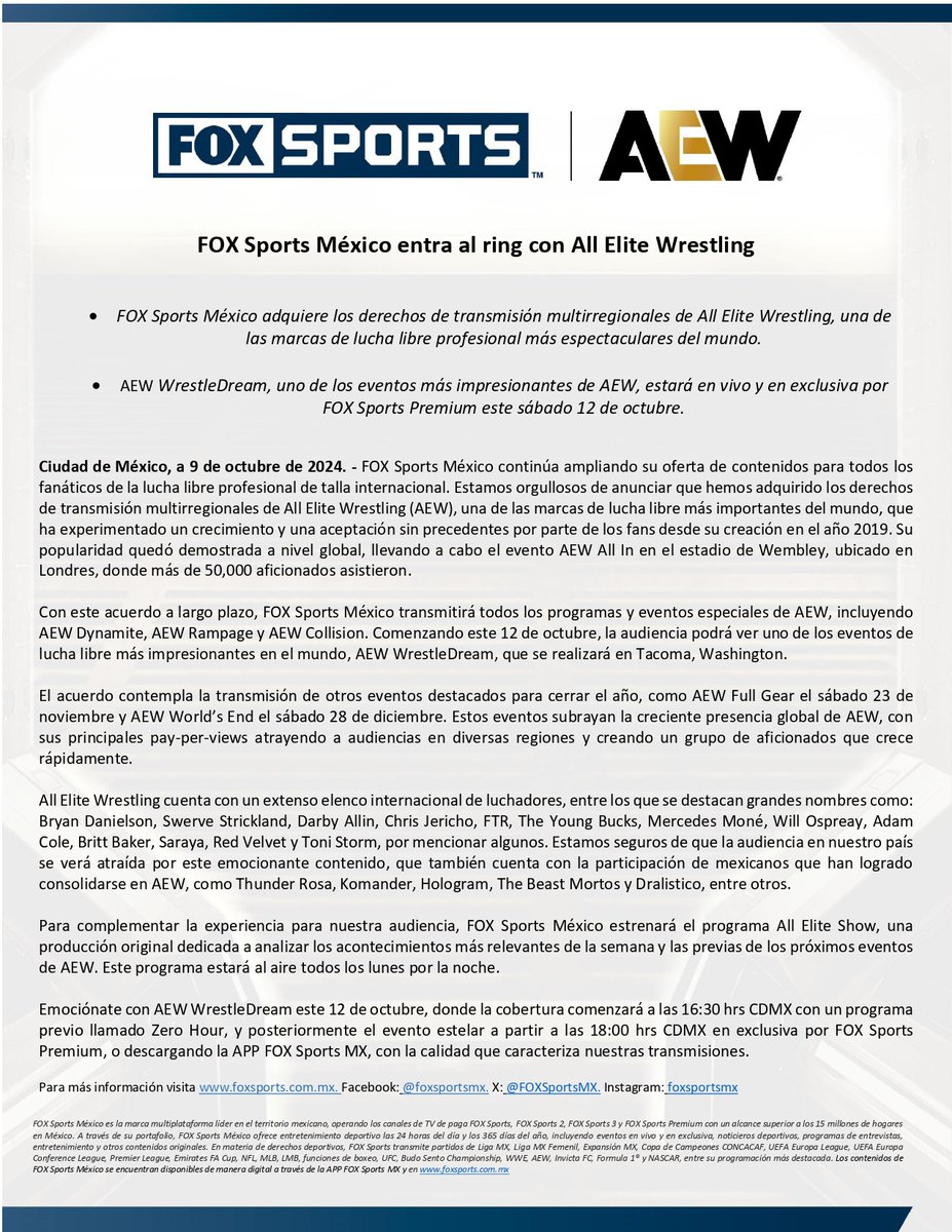 🚨 Big news for wrestling fans! <a href="/FOXSportsMX/">FOX Sports MX</a> now holds multi-regional broadcasting rights for #AEW, bringing all the action of AEW Dynamite, Rampage &amp; Collision! Don’t miss AEW WrestleDream LIVE on Oct 12 exclusively on FOX Sports Premium! 🏆🔥 #AEWWrestleDream #FOXSports