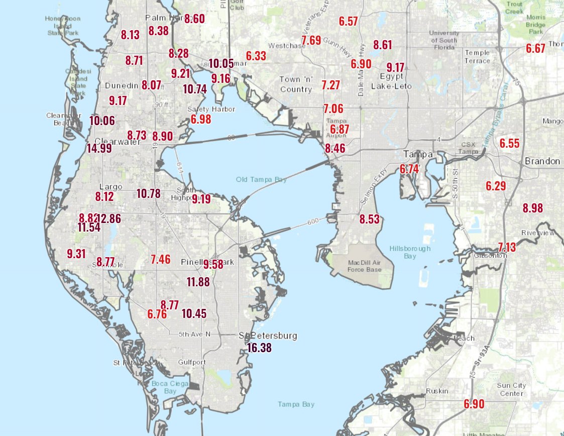 St. Petersburg has received an insane amount of rain -- over 16" in last 24 hours... but notably:
5.09" fell between 8 and 9p alone, a 1-in-1,000 yr amount
Flash flood emergency for Tampa Bay area until 230a.
Some of the 24-hour rainfall amounts: