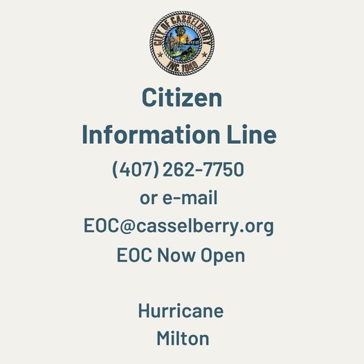 The Casselberry Emergency Operations Center is open.  Citizens can reach out with questions or concerns by calling (407) 262-7750 or emailing EOC@casselberry.org.
#HurricaneMilton #StormSafety #hurricanepreparedness #StormTracking #WeatherUpdate #emergencypreparedness #staysafe