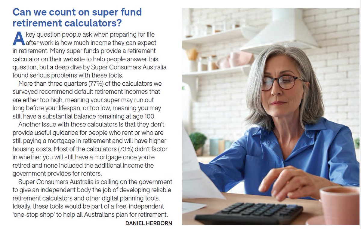 In this month's <a href="/choiceaustralia/">CHOICE</a> magazine:

Many super funds provide retirement calculators to help people work out how much income they can expect in retirement.

But a <a href="/ConsumersSuper/">Super Consumers Australia</a> deep dive found many of these tools are seriously flawed.