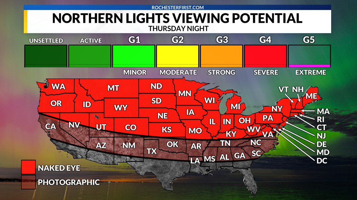 EricSnitilWx's tweet photo. NOAA's forecast update tonight continues to call for G4 conditions to develop Thursday night. While their messaging suggests G4 is "likely", I'm intrigued they explicitly reference G5 conditions as "possible". That's pretty rare to see. 

So, for argument's sake, what would that look like? The red image below is a loose representation of what G4 can look like. I've also attached a ballpark of what G5 (pink) can be capable of. Remember, each event is unique and they don't always present the same in terms of visibility. Maps below are better served as guidance, not gospel. 

In terms of differences between G4 & G5, the latter can really drive the naked eye visibility southward. Folks across the Deep South are likely most affected. For northern states, it's probably not a huge difference in terms of overall visibility. On top of this, there are other nuances aside from the 4 vs. 5 label that can prove very important in terms of vibrance and visibility. 

One way or another, Thursday night *could* be a memorable one. If viewing the northern lights remains on your bucket list, I encourage you to pay attention to trends. I'll be on it & out there with a camera. Here's hoping NOAA is right!