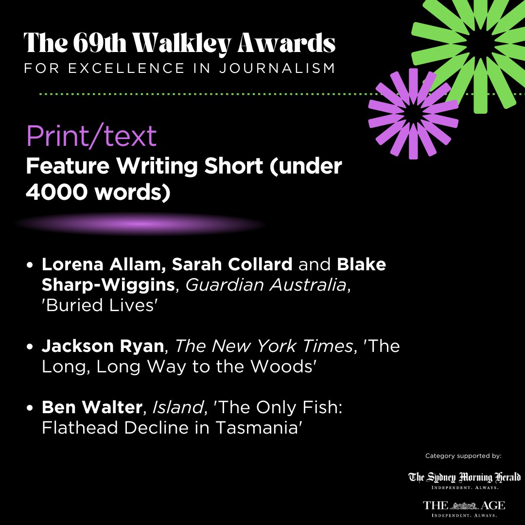 Walkley Foundation (@walkleys) on Twitter photo The finalists for Feature Writing Short (under 4000 words), supported by <a href="/smh/">The Sydney Morning Herald</a> and <a href="/theage/">The Age</a>, are: Lorena Allam, <a href="/Sarah_Collard_/">Sarah Collard</a>, <a href="/Blake_S_Wiggins/">Blake Sharp-Wiggins</a>, <a href="/GuardianAus/">Guardian Australia</a>; Jackson Ryan, <a href="/nytimes/">The New York Times</a>; @ben_walter, Island. #walkleys The finalists for Feature Writing Short (under 4000 words), supported by <a href="/smh/">The Sydney Morning Herald</a> and <a href="/theage/">The Age</a>, are: Lorena Allam, <a href="/Sarah_Collard_/">Sarah Collard</a>, <a href="/Blake_S_Wiggins/">Blake Sharp-Wiggins</a>, <a href="/GuardianAus/">Guardian Australia</a>; Jackson Ryan, <a href="/nytimes/">The New York Times</a>; @ben_walter, Island. #walkleys