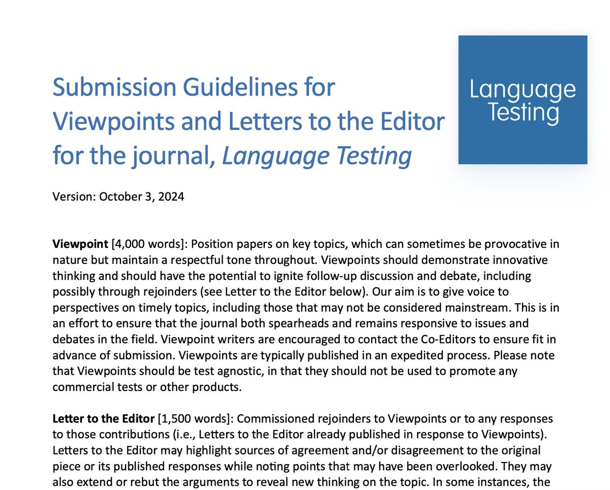 Language Testing now has updated guidelines for 4000-wd Viewpoints (position papers) &amp; 1500-wd Letters to the Editor. Due to their responsive nature on timely, even provocative topics, they are a forum for rigorous &amp; more interactive intellectual exchange
journals.sagepub.com/pb-assets/cmsc…
