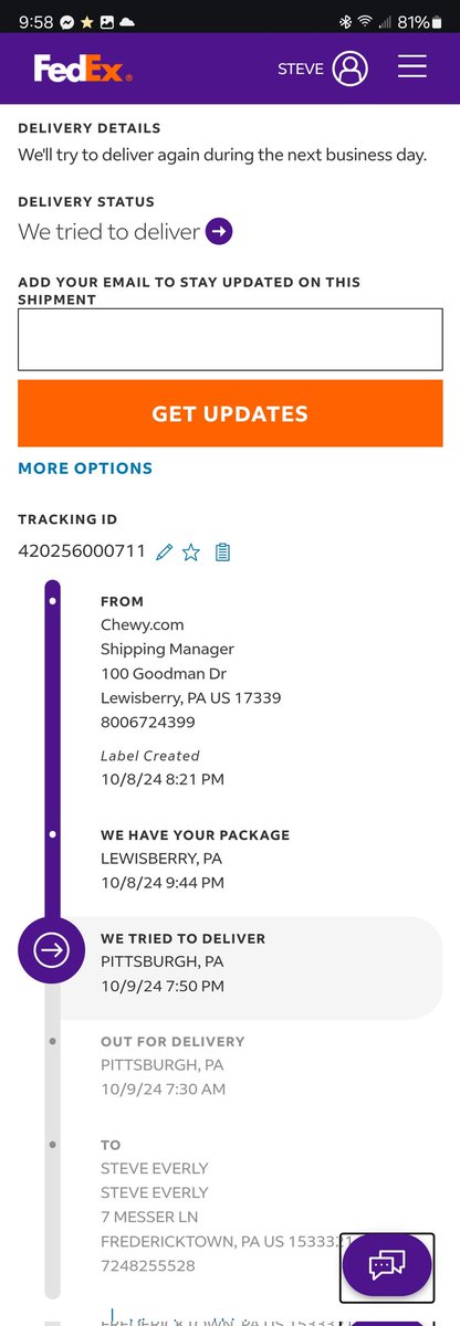 EverlySteve's tweet photo. @FedEx tried to deliver? I was home and never saw a truck. https://t.co/dUtpMVcn81
