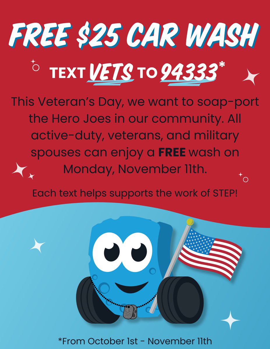 We're partnering with Soapy Joe's again this Veterans Day! Get your FREE $25 car wash by texting VETS to 94333 💙 🇺🇲

#stepexperian #veteransday