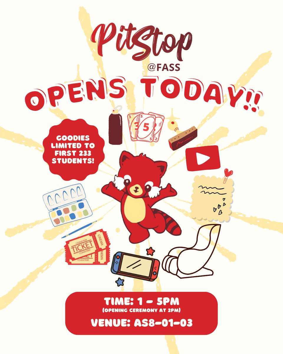 🎉 PSA to all FASS students: official #PitStopAtFASSOpening today! 🎉
Exciting activities and exclusive goodies available (Limited to the first 233 students.)

Come join us: AS8-01-03, 1-5 pm!
 
t.me/PitStop_at_FASS

#FASStudentLife #FASSupport #Wellness #Wellbeing
