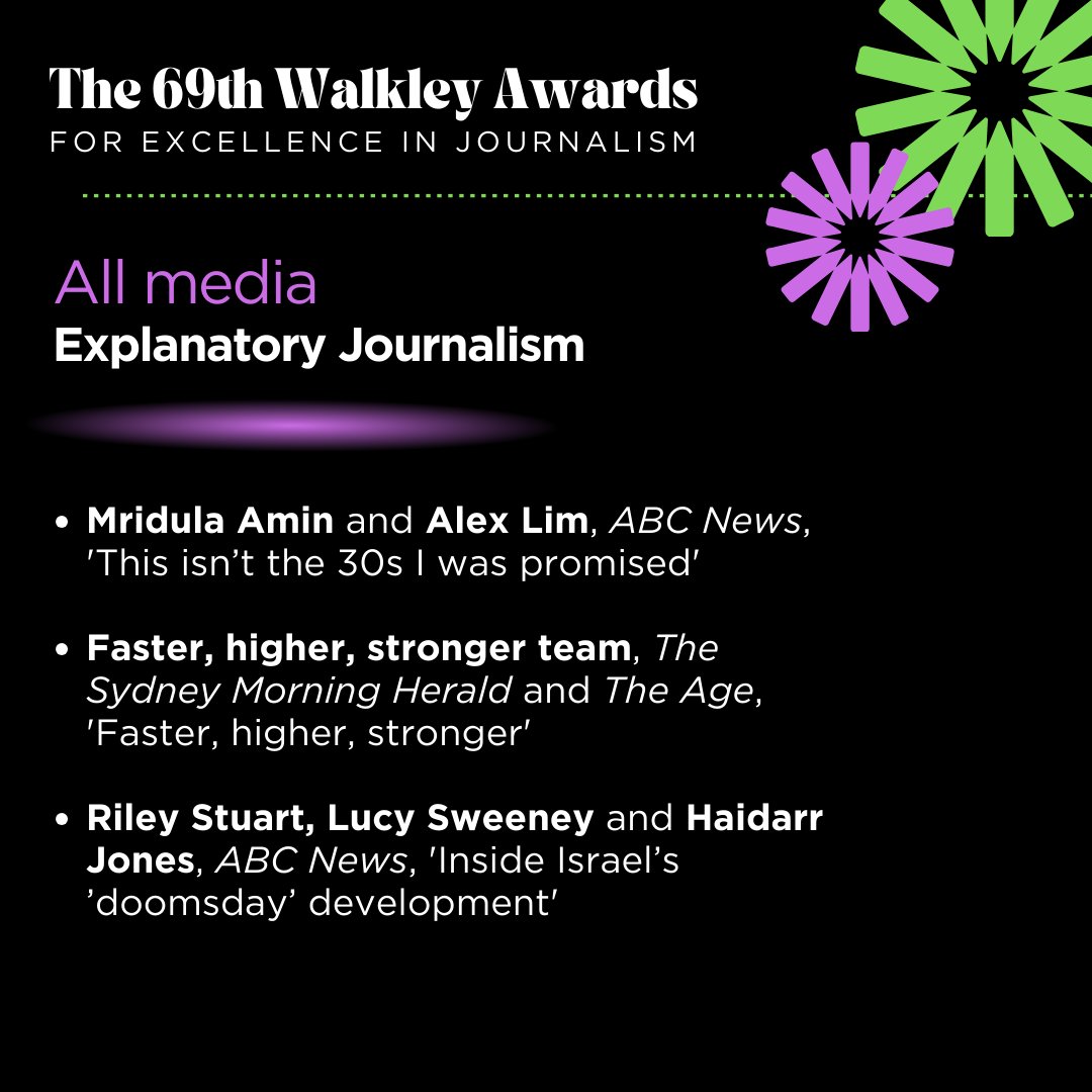 Walkley Foundation (@walkleys) on Twitter photo The finalists for All Media: Explanatory Journalism are: <a href="/Mridula_Amin/">Mridula Amin</a>, Alex Lim, <a href="/abcnews/">ABC News</a>; Faster, higher, stronger team, <a href="/smh/">The Sydney Morning Herald</a>, <a href="/theage/">The Age</a>; <a href="/RileyStuart1/">Riley Stuart</a>, <a href="/lucysween/">Lucy Sweeney</a>, Haidarr Jones, <a href="/abcnews/">ABC News</a>. #walkleys The finalists for All Media: Explanatory Journalism are: <a href="/Mridula_Amin/">Mridula Amin</a>, Alex Lim, <a href="/abcnews/">ABC News</a>; Faster, higher, stronger team, <a href="/smh/">The Sydney Morning Herald</a>, <a href="/theage/">The Age</a>; <a href="/RileyStuart1/">Riley Stuart</a>, <a href="/lucysween/">Lucy Sweeney</a>, Haidarr Jones, <a href="/abcnews/">ABC News</a>. #walkleys