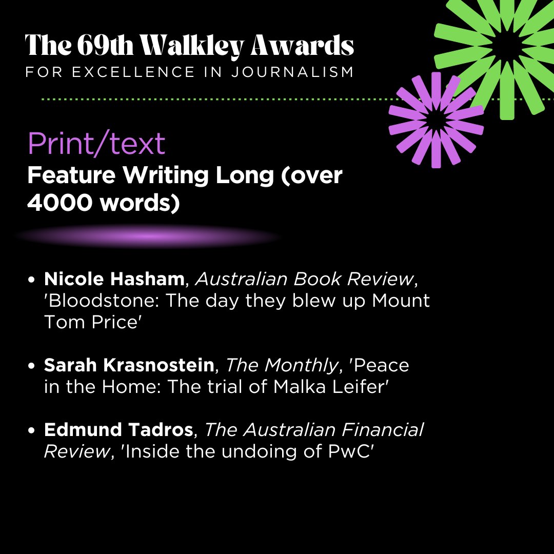 Walkley Foundation (@walkleys) on Twitter photo The finalists for Feature Writing Long (over 4000 words) are: <a href="/nicole_hasham/">Nicole Hasham</a>, <a href="/AustBookReview/">Australian Book Review</a>; Sarah Krasnostein (<a href="/Sarah_Kras/">Sarah Krasnostein</a>), @TheMonthly; <a href="/edmundtadros/">Edmund Tadros</a>, <a href="/FinancialReview/">Financial Review</a>. #walkleys The finalists for Feature Writing Long (over 4000 words) are: <a href="/nicole_hasham/">Nicole Hasham</a>, <a href="/AustBookReview/">Australian Book Review</a>; Sarah Krasnostein (<a href="/Sarah_Kras/">Sarah Krasnostein</a>), @TheMonthly; <a href="/edmundtadros/">Edmund Tadros</a>, <a href="/FinancialReview/">Financial Review</a>. #walkleys