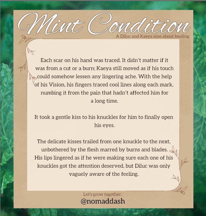 Have a lil sneak peek of my piece you’ll see in <a href="/MintyKLK/">Mint Condition Fanzine (Complete)</a> a beautiful zine that focuses on Diluc and Kaeya healing together 💜

My stories is about… :^)

Preorders start on 10/10! Please check out everyone’s amazing work! 😩🙌