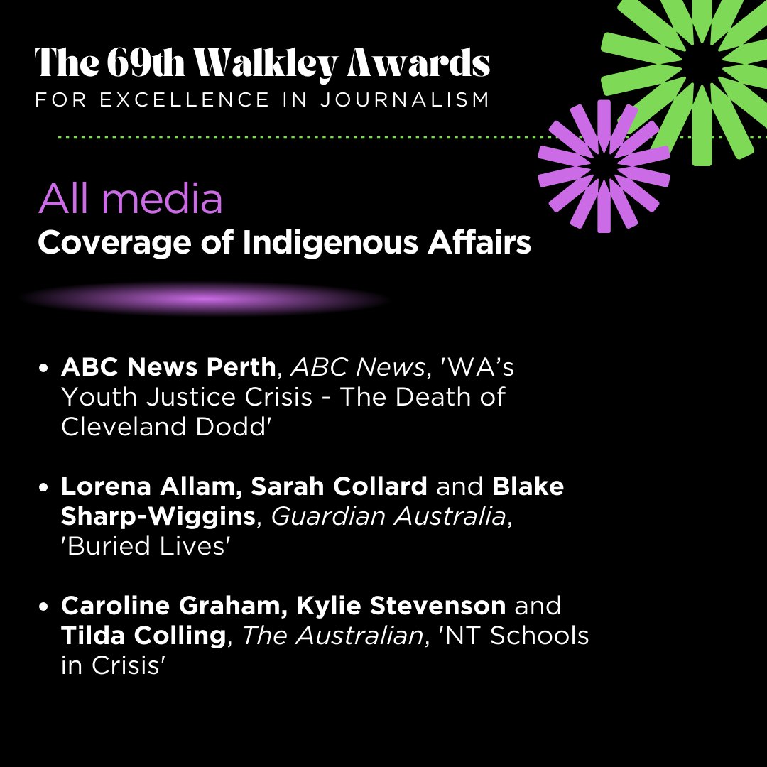Walkley Foundation (@walkleys) on Twitter photo Finalists for Coverage of Indigenous Affairs are: ABC News Perth, <a href="/abcnews/">ABC News</a>; Lorena Allam, <a href="/Sarah_Collard_/">Sarah Collard</a>, <a href="/Blake_S_Wiggins/">Blake Sharp-Wiggins</a>, <a href="/GuardianAus/">Guardian Australia</a>; Caroline Graham, <a href="/KylieMStevenson/">Kylie Stevenson</a>, Tilda Colling, <a href="/australian/">The Australian</a>. #walkleys Finalists for Coverage of Indigenous Affairs are: ABC News Perth, <a href="/abcnews/">ABC News</a>; Lorena Allam, <a href="/Sarah_Collard_/">Sarah Collard</a>, <a href="/Blake_S_Wiggins/">Blake Sharp-Wiggins</a>, <a href="/GuardianAus/">Guardian Australia</a>; Caroline Graham, <a href="/KylieMStevenson/">Kylie Stevenson</a>, Tilda Colling, <a href="/australian/">The Australian</a>. #walkleys