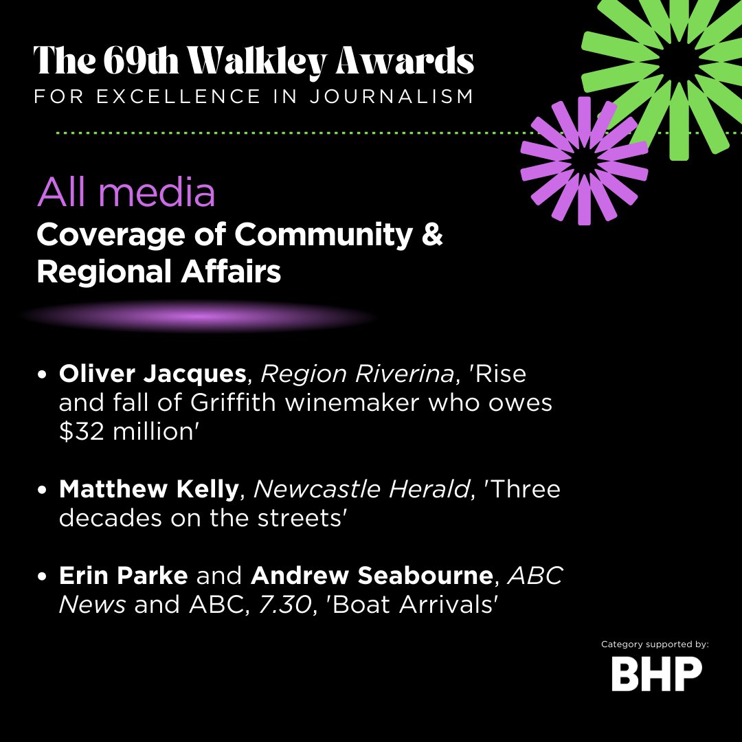 Walkley Foundation (@walkleys) on Twitter photo Finalists for Coverage of Community/Regional Affairs, supported by <a href="/bhp/">BHP</a>, are: <a href="/OliverJacquesAU/">Oliver Jacques</a>, <a href="/RegionRiverina/">Region Riverina</a>; Matthew Kelly, <a href="/newcastleherald/">Newcastle Herald</a>, <a href="/ErinParke2/">Erin Parke</a>, Andrew Seabourne, <a href="/abcnews/">ABC News</a>, 7:30. #walkleys Finalists for Coverage of Community/Regional Affairs, supported by <a href="/bhp/">BHP</a>, are: <a href="/OliverJacquesAU/">Oliver Jacques</a>, <a href="/RegionRiverina/">Region Riverina</a>; Matthew Kelly, <a href="/newcastleherald/">Newcastle Herald</a>, <a href="/ErinParke2/">Erin Parke</a>, Andrew Seabourne, <a href="/abcnews/">ABC News</a>, 7:30. #walkleys