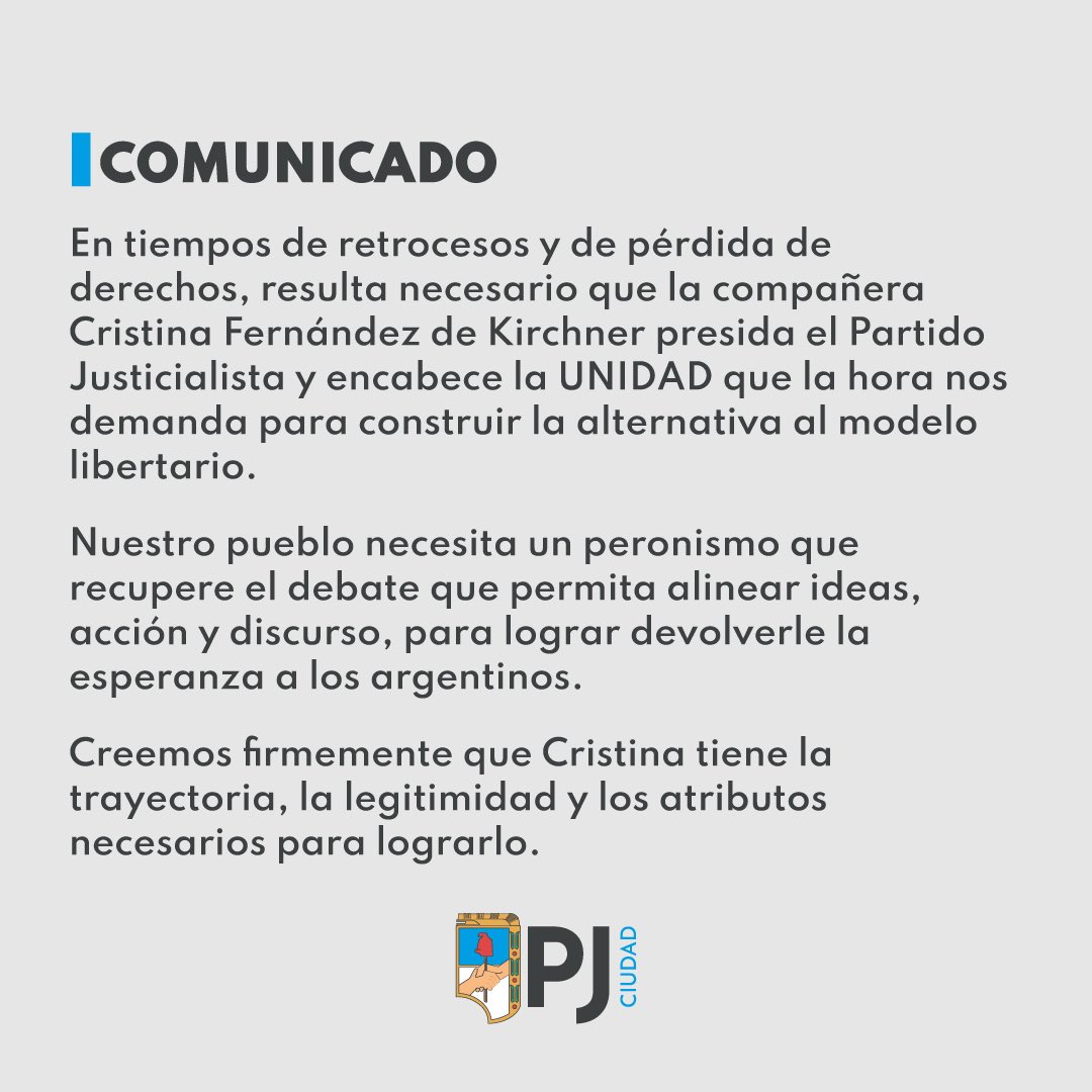 Comunicado del Partido Justicialista de la Ciudad de Buenos Aires en apoyo a la candidatura de Cristina Fernández de Kirchner para presidir el Partido Justicialista Nacional.