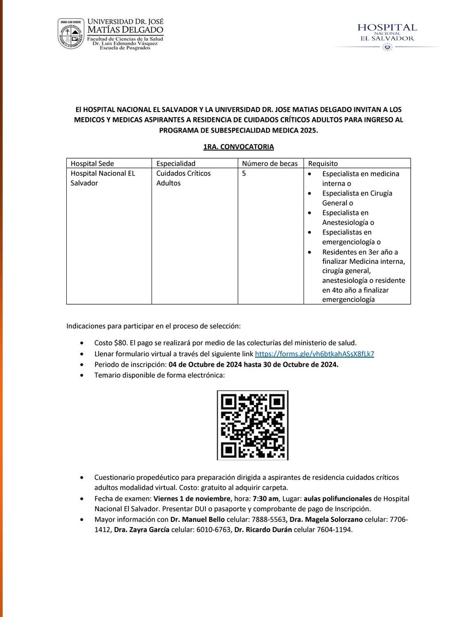 ricduran10's tweet photo. Convocatoria Residentado en cuidados críticos adultos HES-UJMD 

@10Rodam @ASALMECCI @MemebelloBello @HospitalSV @UJMD_sv @Kchcirugia @SoniaMa45252929 @Francis11149744 @RodeznoMendez https://t.co/tLI7NzTZDC