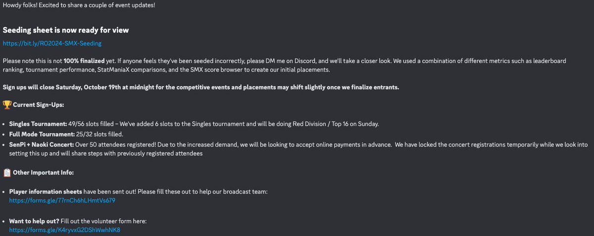 Initial Seeding for Red October is ready!
bit.ly/RO2024-SMX-See…

Sign-ups close Oct 19th at midnight and will finalize seeds after

Singles: 49/56 (Increased cap)
Full Mode: 25/32
SenPi + Naoki Concert: 50+ registered (online payments soon!)

start.gg/tournament/red…