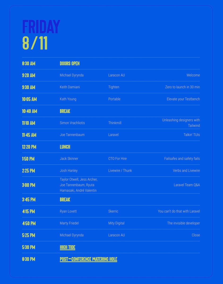 Laracon AU (@laraconau) on Twitter photo 📅 The full #LaraconAU schedule is now live!
We've gathered 17 speakers from Australia and around the globe, and are hosting a Q&A with <a href="/taylorotwell/">Taylor Otwell</a>, <a href="/jessarchercodes/">Jess Archer</a>, <a href="/joetannenbaum/">Joe Tannenbaum</a>, <a href="/avosalmon/">Ryuta Hamasaki</a>, and <a href="/andrehvalentin/">André Valentin</a> from the <a href="/laravelphp/">Laravel</a> team. 📅 The full #LaraconAU schedule is now live!
We've gathered 17 speakers from Australia and around the globe, and are hosting a Q&A with <a href="/taylorotwell/">Taylor Otwell</a>, <a href="/jessarchercodes/">Jess Archer</a>, <a href="/joetannenbaum/">Joe Tannenbaum</a>, <a href="/avosalmon/">Ryuta Hamasaki</a>, and <a href="/andrehvalentin/">André Valentin</a> from the <a href="/laravelphp/">Laravel</a> team.