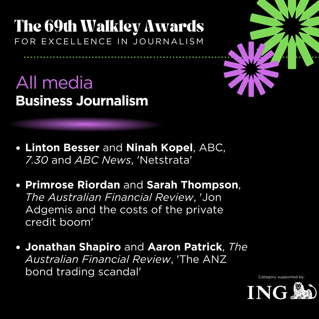 Walkley Foundation (@walkleys) on Twitter photo The finalists for All Media: Business Journalism, supported by <a href="/ING_Aust/">ING Australia</a> are: Linton Besser (<a href="/lb_online/">Linton Besser</a>), <a href="/NinahKopel/">Ninah Kopel</a>, <a href="/abcnews/">ABC News</a>, 7:30; <a href="/primroseriordan/">Primrose Riordan</a>, Sarah Thompson, <a href="/FinancialReview/">Financial Review</a>; Jonathan Shapiro, Aaron Patrick, <a href="/FinancialReview/">Financial Review</a>. #walkleys The finalists for All Media: Business Journalism, supported by <a href="/ING_Aust/">ING Australia</a> are: Linton Besser (<a href="/lb_online/">Linton Besser</a>), <a href="/NinahKopel/">Ninah Kopel</a>, <a href="/abcnews/">ABC News</a>, 7:30; <a href="/primroseriordan/">Primrose Riordan</a>, Sarah Thompson, <a href="/FinancialReview/">Financial Review</a>; Jonathan Shapiro, Aaron Patrick, <a href="/FinancialReview/">Financial Review</a>. #walkleys