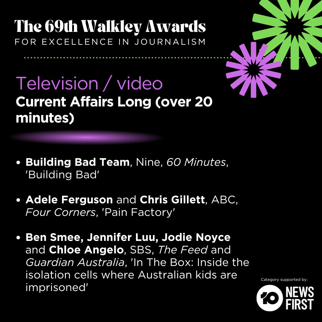 The finalists for TV/Video: Current Affairs Long, supported by @10NewsFirst are: Building Bad Team, <a href="/9NewsAUS/">9News Australia</a>, <a href="/60Mins/">60 Minutes Australia</a>; <a href="/adele_ferguson/">Adele Ferguson</a>, <a href="/Chris_Gillett_/">Chris Gillett</a>, <a href="/ABCaustralia/">ABC Australia</a>, Four Corners;