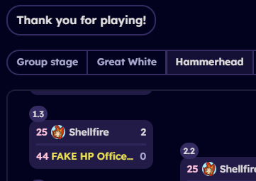 oh my gyatt we made our first hammerhead bracket guys and resulted eepy dreepy 2-0 hee hee

ggs to everyone we played 🐱