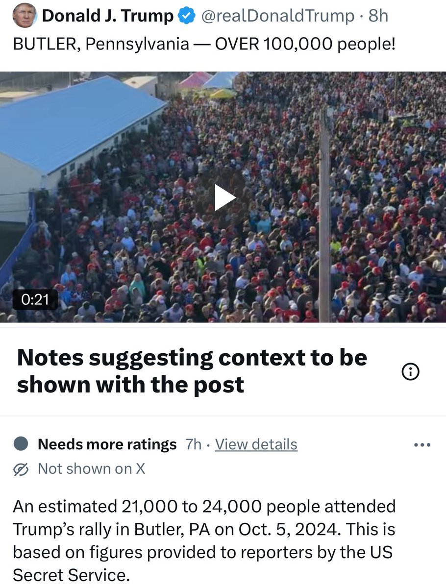 <a href="/realDonaldTrump/">Donald J. Trump</a> The very top estimate is 24,000. All estimates are between 20,000 and 24,000. This is verified by Trump's own Secret Service.
As usual, Trump is lying. He has a weird and insatiable compulsive urge to lie about anything, especially crowd sizes. 
Trump is also a convicted criminal