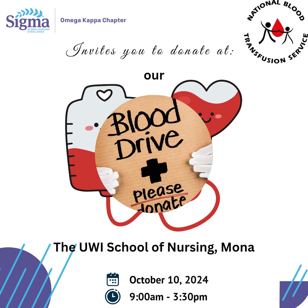 OmegaKappaChap's tweet photo. October 5 was celebrated at @SigmaNursing as Founder's Day. We thank all donors at our 2nd annual Founder's Day Blood Drive at our Western Campus on the 2nd.
And we look forward to everyone coming out to donate at our Mona Campus tomorrow the 10th. 
Bring a friend and donate. https://t.co/YMOvDJqwTR