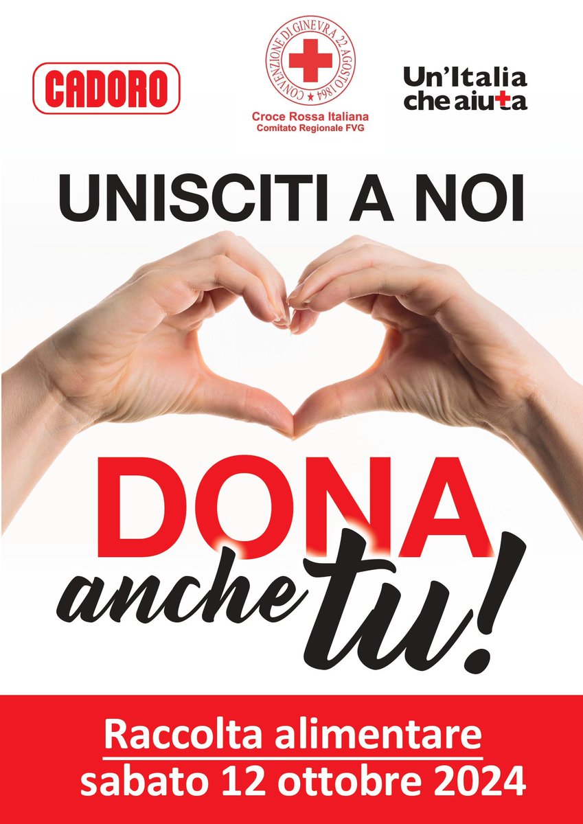 Sabato 12 ottobre partecipa anche tu alla raccolta alimentare organizzata da CRI e Cadoro supermercati per aiutare chi è in difficoltà. Ti aspettiamo nei 24 punti vendita che aderiscono all'iniziativa!
#CRIFVG #CroceRossa #UnItaliaCheAiuta #solidarietà #collettaalimentare