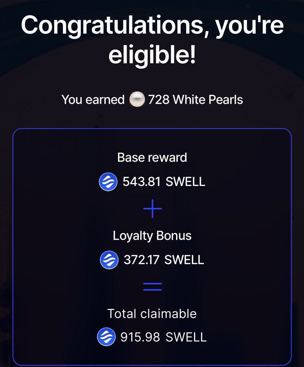 SWELL 空投上线，空投占总量100亿的8.5%，其中包括1.5%总供应量的忠诚奖励。  

查询地址 app.swellnetwork.io/dao/voyage