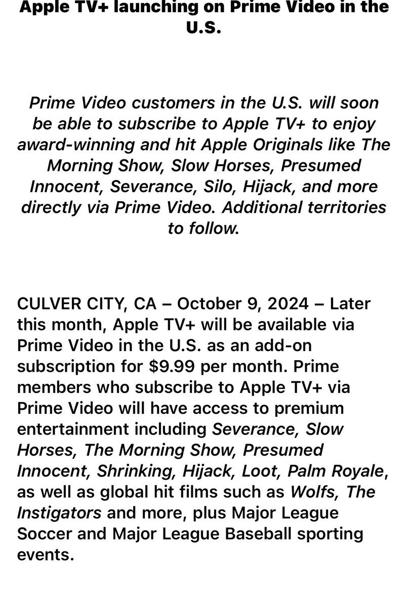 Apple TV+ to be sold via Amazon Prime Video.