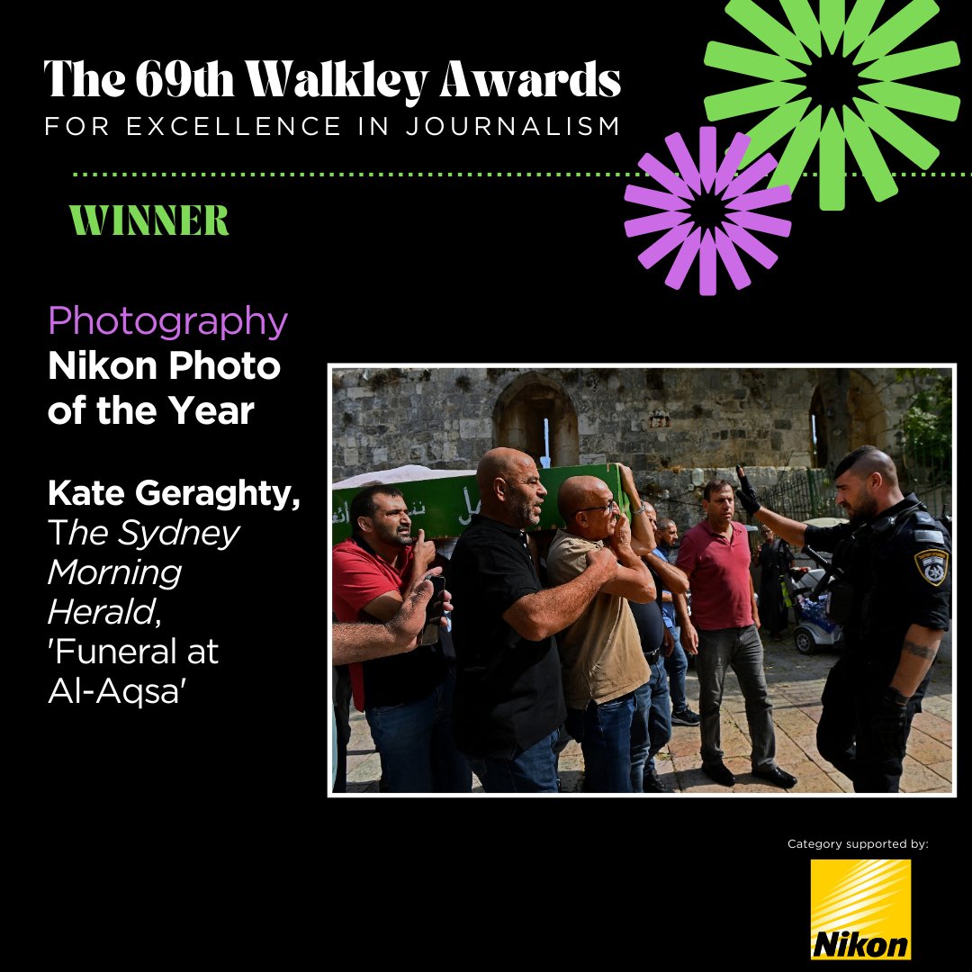The winner of the 2024 Nikon Photo of the Year Prize is Kate Geraghty, @SMH for 'Funeral at Al-Aqsa'. #walkleys