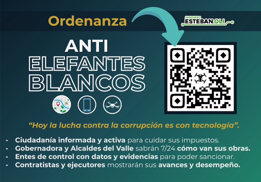 EstebanOli's tweet photo. Proyecto #AntiElefantesBlancos 🐘

Me han acusado de violento, criticón y grosero por denunciar todas las demoras y sobrecostos de los obras en el Valle.

Con todas esas investigaciones, con esas cifras y datos diagnosticamos un problema y diseñamos una solución. 

Y por eso hoy con una gran felicidad y esperanza radicamos nuestro primer Proyecto de Ordenanza (que es como una ley a nivel Departamental)

Mi propuesta como Ingeniero en la
Política es que luchemos Contra la Corrupción usando más tecnología para aumentar la transparencia y monitorear las inversiones en tiempos real.  

Si logro convencer al Gobierno Departamental, a los Diputados y Diputadas para apoyar esta iniciativa en @VCtieneasamblea:

🟢 la ciudadanía podría ver en qué se gasta sus impuestos y apretar objetivamente a los incumplidos.

🟢 los interventores de obra deberán grabar avances con drones y celulares.

🟢 la gobernación y las alcaldías deberán actualizar mapa (con videos y datos fáciles de entender) de las obras públicas en tiempo real.

🟢 la plataforma permitirá convocar audiencias para que se rinda cuentas a los afectados por los Retrasos. 

🟢 las controlarías tendrán información suficiente y oportuna para poder sancionar y evitar que se pierda la plata. 

🟢 las oficinas de transparencia mediarán y vigilarán acuerdos que se integrarán al contrato después de la audiencia. 

🟢 la asamblea y los concejos
Municipales tendrán nuevos  elementos para dar debates oportunos y serios para presionar a los gobiernos.

🟢 el sistema alertará a todos los mecanismos de control y medios de comunicación cada que se le adicione $ o tiempo al contrato. 

Así que manden muuucha buena energía para que en la Asamblea se vote con objetividad y modernícemos el Departamento. 

PD: el documento ya está disponible en este QR 👇🏽👇🏽👇🏽 si quieren manden al proyecto. 

Abrazos.
