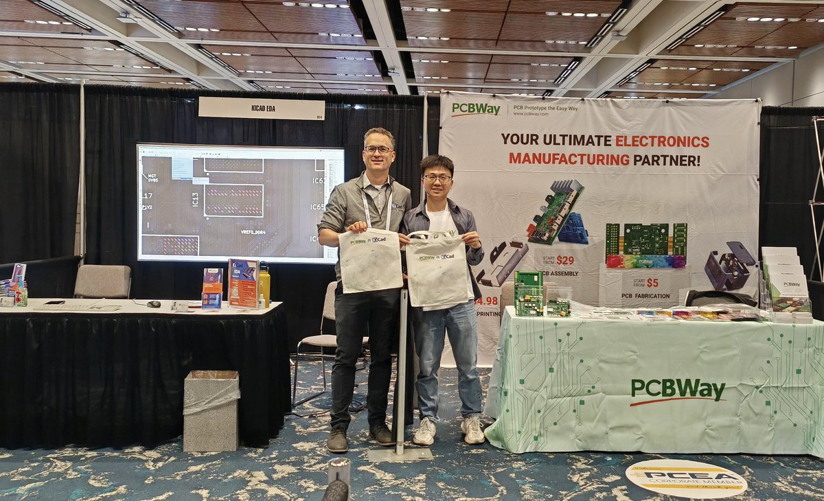 kicad_pcb's tweet photo. We were lucky to be placed next to @PCBWayOfficial and Anson Bao.  It was a great convention; thanks to everyone we had the opportunity to talk with today!  Number 1 question: "How is KiCad here!?!" Maybe worth a blog post later https://t.co/W0tswfVMVL