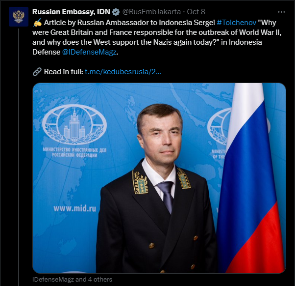 1/3 🇷🇺<a href="/RusEmbJakarta/">Russian Embassy, IDN</a> you “forgot” about your role in WWII. Let us remind you:

🔴You were BFF with Nazi Germany and even signed a Treaty of Friendship
🔴You divided Europe among yourselves (Ribbentrop-Molotov Pact)
🔴You invaded 🇵🇱🇫🇮 
🔴You  annexed 🇱🇹🇱🇻🇪🇪 &amp; part of🇷🇴