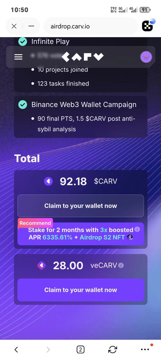 CARV 查询和领取空投，base链，还不能交易，先领到钱包。  

airdrop.carv.io