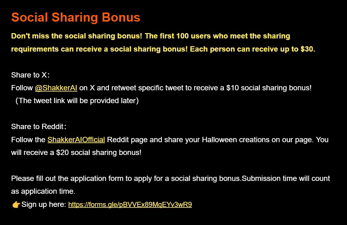 ShakkerAI_Team's tweet image. Get ready to embrace the spooky season with our new event! Win big this Halloween with a prize pool of up to $10,000!  Also - the first 100 users who meet the sharing requirements can receive a social sharing bonus! Each person can receive up to $30. 🤓docs.google.com/document/d/1MG…