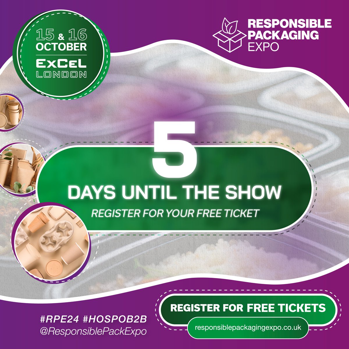 🚨 5 Days to Go 🚨

We are just 5 days away from the Responsible Packaging Expo 2024! ✨🌍

Join us for a day of insightful speakers, networking and game-changing ideas! 

FREE tickets are available here- shorturl.at/gubR0🎟️

#RPE24 #HOSPOB2B #ExCeLLondon