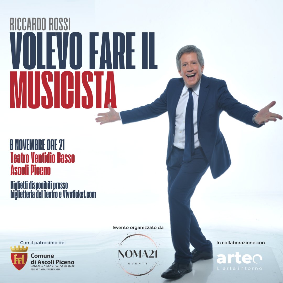 Venerdì 8 novembre alle ore 21.00 al teatro Ventidio Basso si terrà lo spettacolo di Riccardo Rossi, "Volevo fare il musicista". Biglietti disponibili presso la biglietteria del teatro e sul circuito Vivaticket.

facebook.com/ascolipiceno/p…