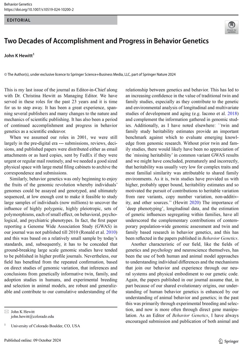 BehaviorGenetic's tweet image. After 23 years, we thank John Hewitt and Christina Hewitt for their extraordinary service as Editor-in-Chief and Managing Editor of Behavior Genetics ❤️
We warmly welcome Valerie Knopik as our new Editor-in-Chief, and look forward to the next chapter!
link.springer.com/article/10.100…