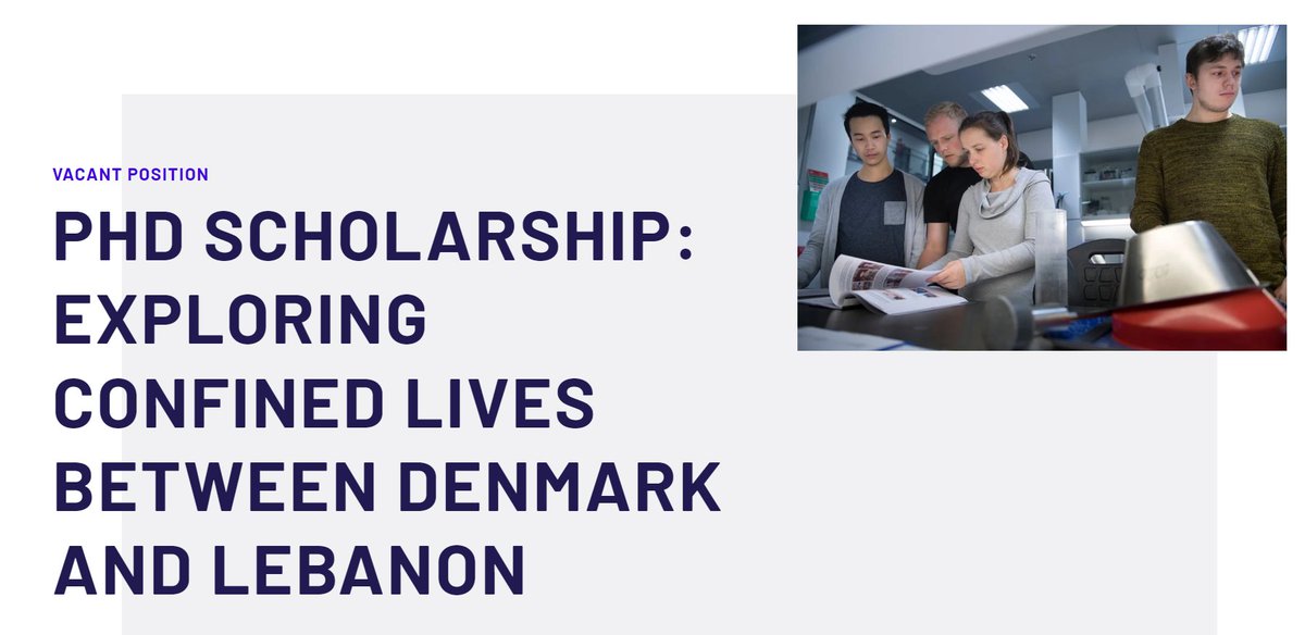 Jasmin Lilian Diab (@jasminldiab) on Twitter photo We have a PhD vacancy under our 'Exploring CONFINED LIVES as they intersect in Denmark and Lebanon' project.
Based at <a href="/aalborg_uni/">Aalborg Universitet</a>, the successful applicant will explore various dimensions of confinement (camps, ghettos or prisons etc.) associated with migration and the We have a PhD vacancy under our 'Exploring CONFINED LIVES as they intersect in Denmark and Lebanon' project.
Based at <a href="/aalborg_uni/">Aalborg Universitet</a>, the successful applicant will explore various dimensions of confinement (camps, ghettos or prisons etc.) associated with migration and the