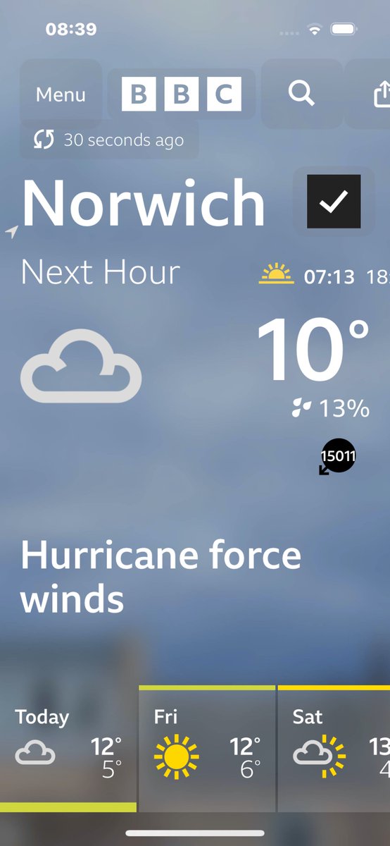 Checked today’s weather on the BBC app... crikey 15,011 mph all day <a href="/bbcweather/">BBC Weather</a>