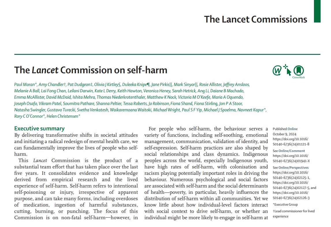 NCISH (@ncish_uk) on Twitter photo The <a href="/TheLancet/">The Lancet</a> Commission on self-harm published today. Our Prof Nav Kapur really pleased to have been part of the team leading work with Paul Moran <a href="/SASHBristol/">Suicide and Self-Harm Research, Bristol</a>, @HM_Christensen, <a href="/suicideresearch/">Rory O'Connor</a>
thelancet.com/journals/lance… The <a href="/TheLancet/">The Lancet</a> Commission on self-harm published today. Our Prof Nav Kapur really pleased to have been part of the team leading work with Paul Moran <a href="/SASHBristol/">Suicide and Self-Harm Research, Bristol</a>, @HM_Christensen, <a href="/suicideresearch/">Rory O'Connor</a>
thelancet.com/journals/lance…