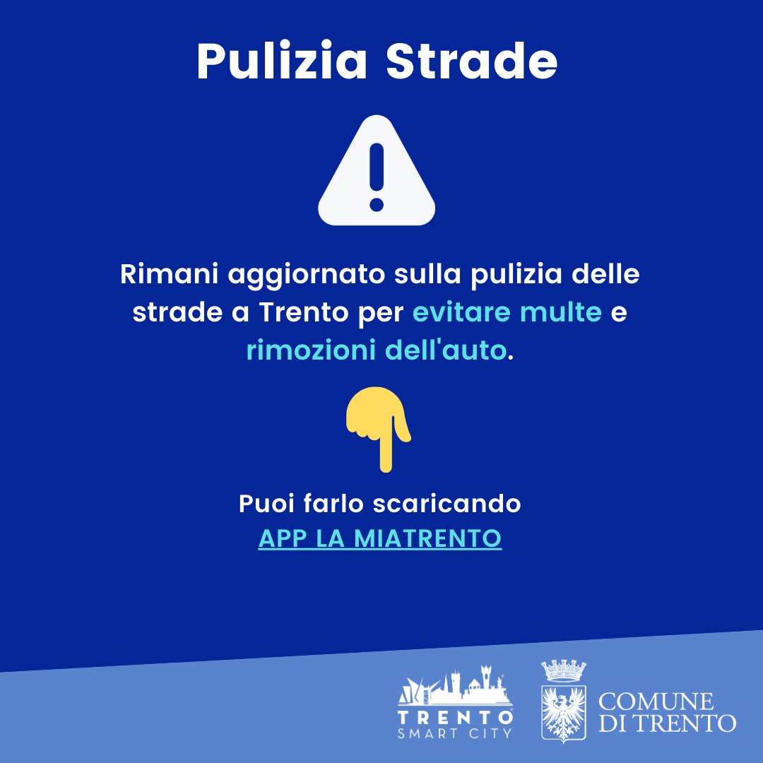 📲 Dall'8 ottobre è ripartita la pulizia delle strade e terminerà il 15 novembre. Per conoscere le strade interessate giorno per giorno e i relativi divieti di sosta, consulta il calendario o scarica l'app "La mia Trento" e consulta dal menu la sezione "Pulizia strade".