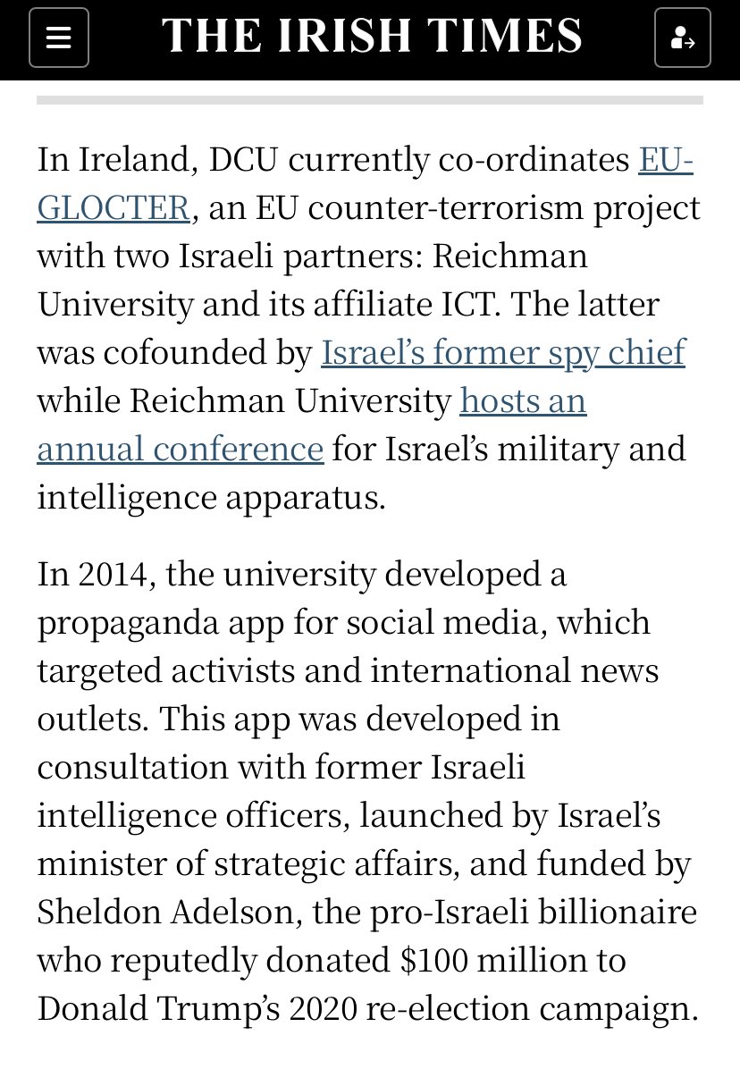 Dr Ellen Howley (@ln_howley) on Twitter photo My colleague Eileen Culloty writing in the Irish Times today about the need for an academic boycott. Many of us are particularly concerned about this DCU project on counter-terrorism, which began this year
<a href="/AcaforPalestine/">Academics for Palestine</a>
irishtimes.com/opinion/2024/1… My colleague Eileen Culloty writing in the Irish Times today about the need for an academic boycott. Many of us are particularly concerned about this DCU project on counter-terrorism, which began this year
<a href="/AcaforPalestine/">Academics for Palestine</a>
irishtimes.com/opinion/2024/1…