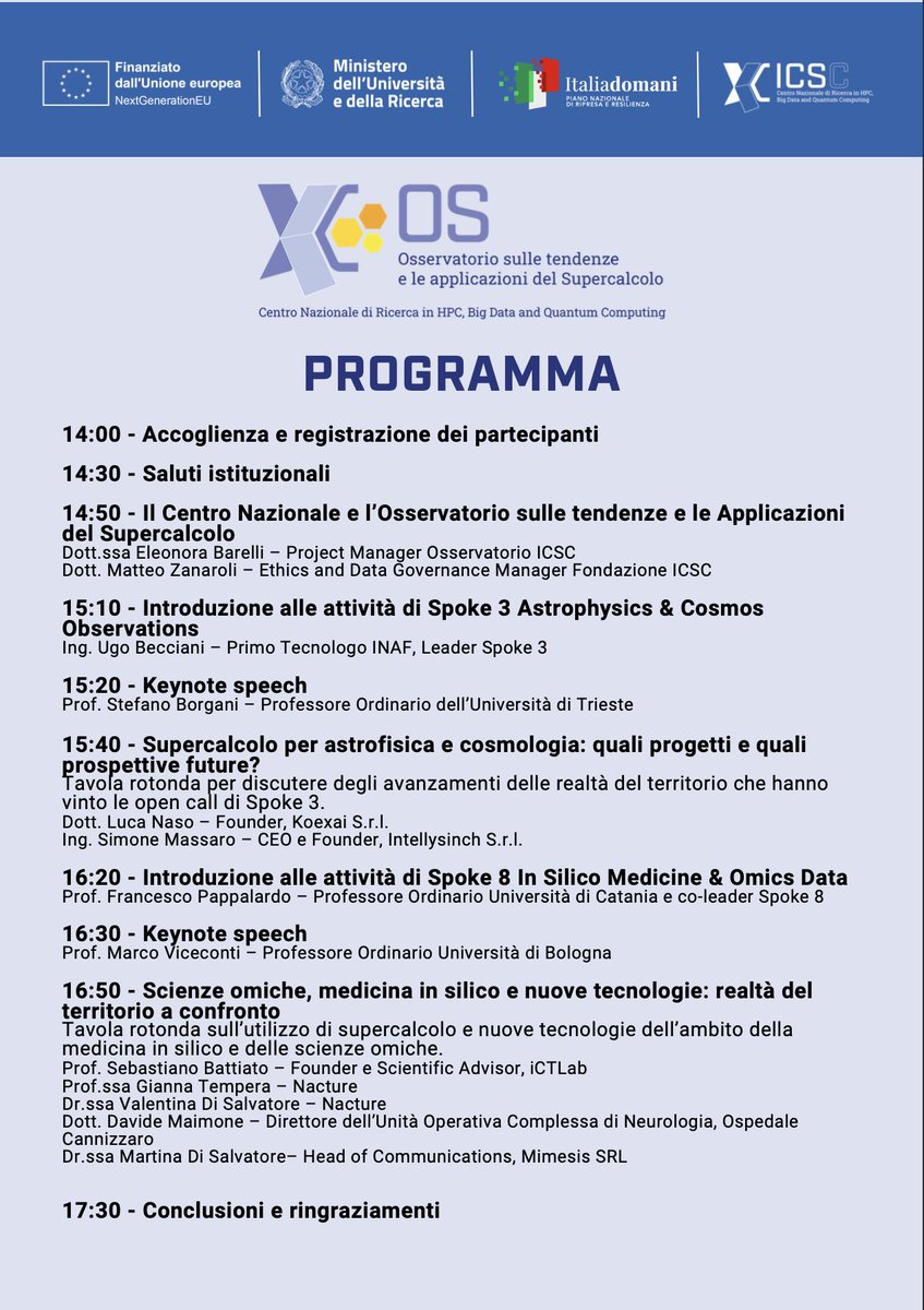 📅 24/10/2024
📍 Aula Magna – Di3a 
Via Valdisavoia, 5 - Catania
🚀 Convegno su BIG DATA E SUPERCALCOLO: OPPORTUNITÀ DI SVILUPPO PER IL MEZZOGIORNO
Evento gratuito con registrazione 👉 osservatorio.supercomputing-icsc.it/eventi/evento-… (anche in streaming). 
Non mancare! 🌍 <a href="/Unict/">Carina</a>