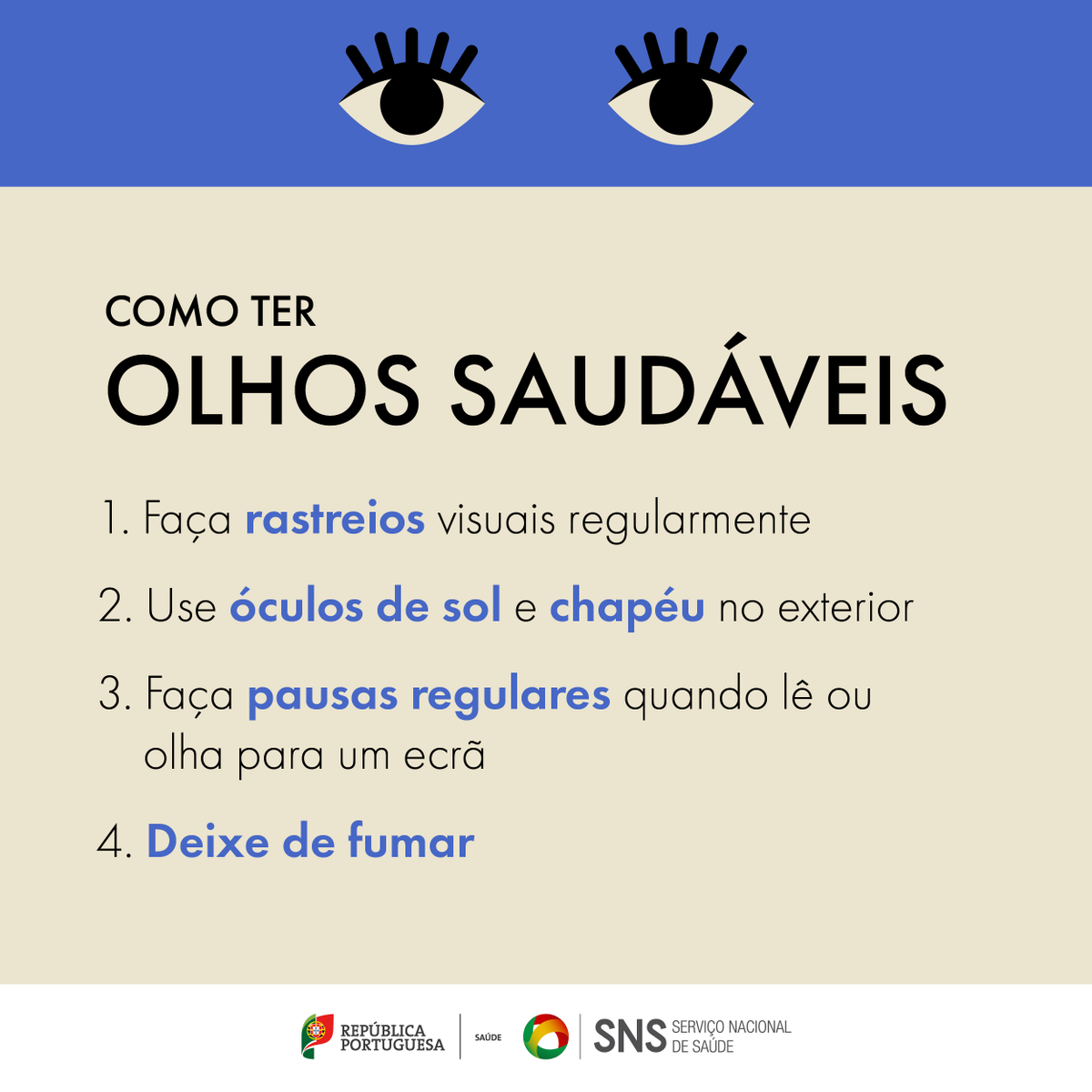 Saiba que cuidados deve ter para manter os olhos saudáveis e lembre-se: um sono de qualidade, alimentar-se bem e beber muita água também ajudam a saúde ocular. #Saúde #SNS #Visão
©👉 <a href="/WHO/">World Health Organization (WHO)</a>