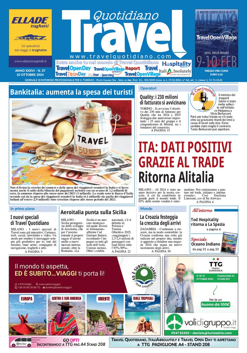 Ita: dati positivi grazie al trade. Ritorna #Alitalia.
➤Leggi il numero di oggi di Travel Quotidiano.
➤ Passa a ritirarlo al TTG Travel Experience di Rimini. Siamo al Padiglione A4, Stand 208.
travelquotidiano.com/sfogliabile/sp…