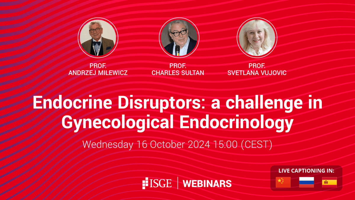 #ISGEwebinar
Join us for the upcoming webinar "Endocrine Disruptors: a challenge in Gynecological Endocrinology"
📆 Wednesday 16 October
🕒 3:00pm CEST
🎤 Prof. Andrzej Milewicz, Prof. Charles Sultan, Prof. Svetlana Vujovic
Registration:
events.zoom.us/ev/AouPH3v75hp…