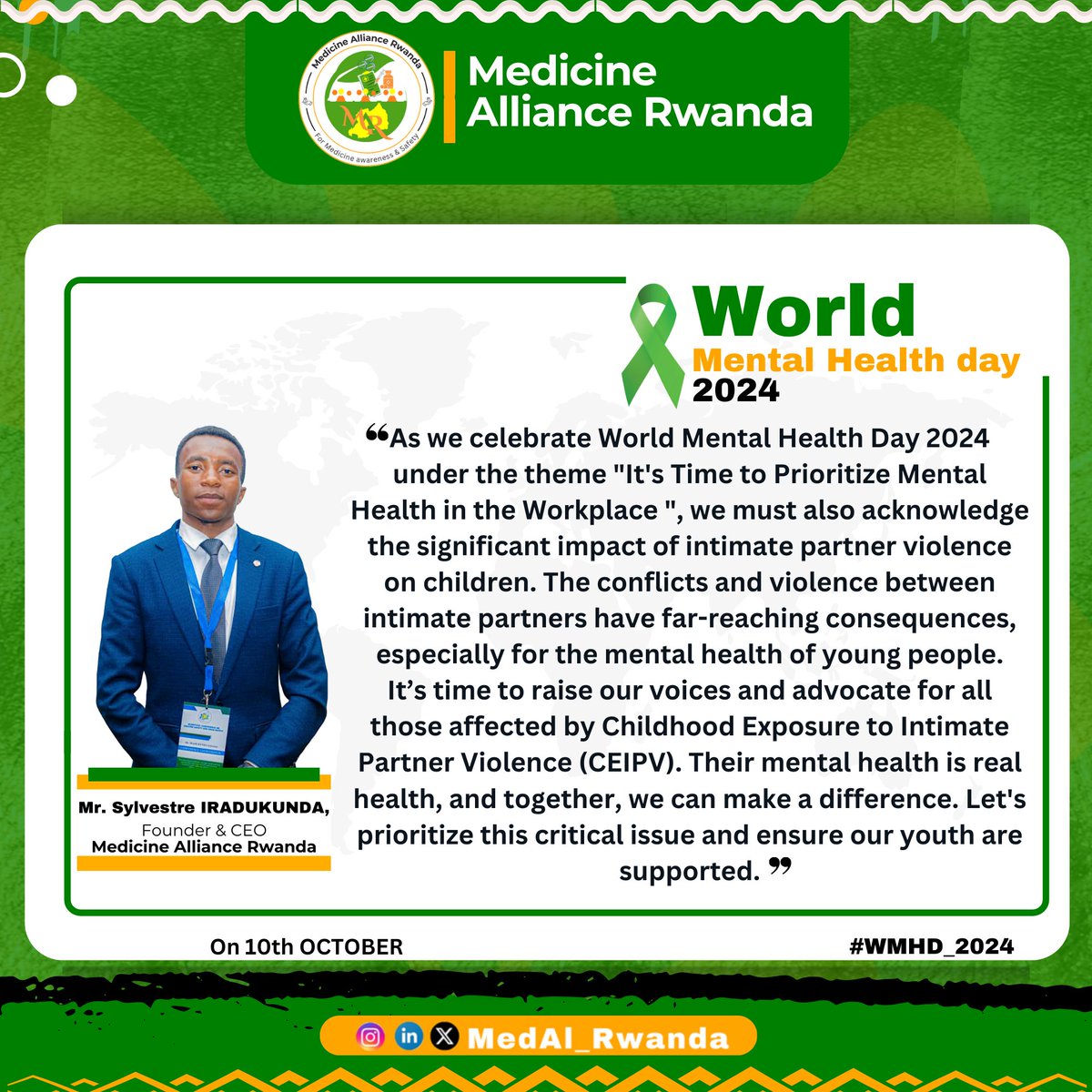 🌍World Mental Health Day 2024🌍

Mental well-being is just as important as physical health. Let’s prioritize it, support one another, and break the stigma.

#WorldMentalHealthDay2024 
#MentalHealthForAll #MedicineAllianceRwanda