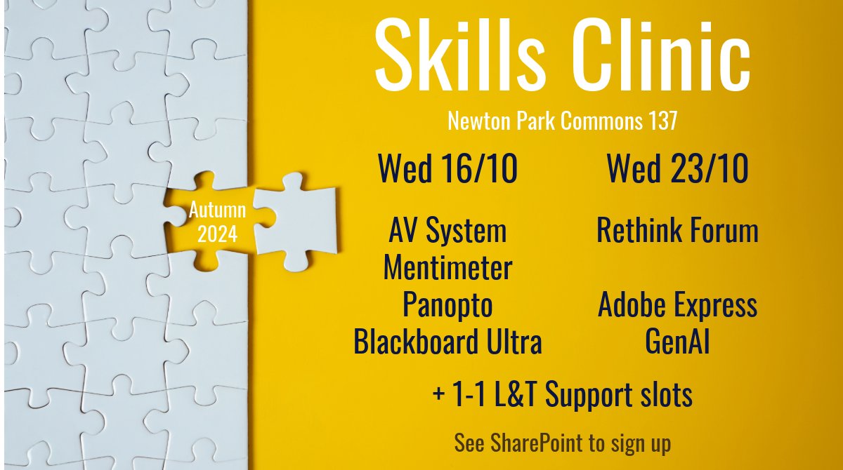 Bath Spa staff - want extra training or support in person early in term? 
We've created a series of sessions on the next two Wed pms in Commons for you to select from for commonly requested topics.

Search Skills Clinic in the Learning Innovation area of SharePoint.